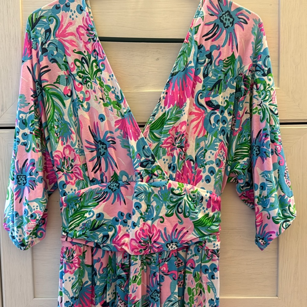 Lilly Pulitzer Pink Floral Wrap Jumpsuit with Green & Blue Botanical Print - Picture 2 of 5